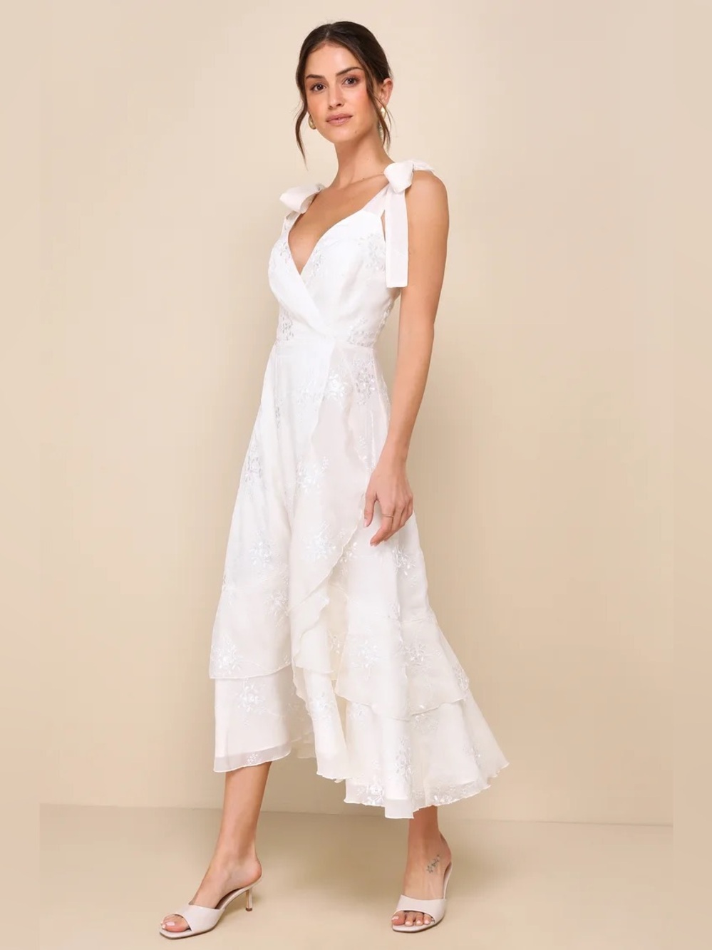 Lulu’s Elegant Direction Ivory Embroidered Ruffle Tie Strap Midi Dress M